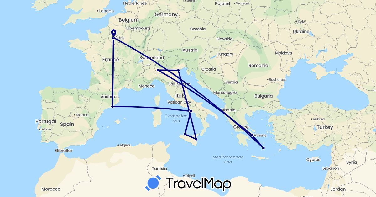 TravelMap itinerary: driving in Spain, France, Greece, Italy (Europe)